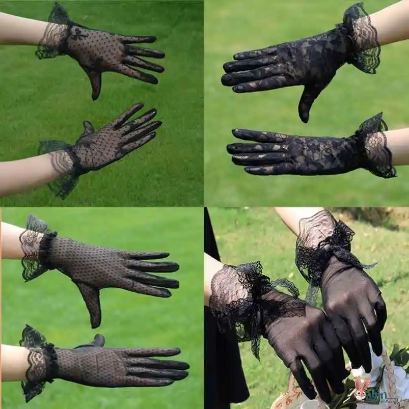 

Black Lace Gloves New Style Cos Lolita Ruffle Knot Hepburn Etiquette Vintage Ceremony Gloves Women's Fashion