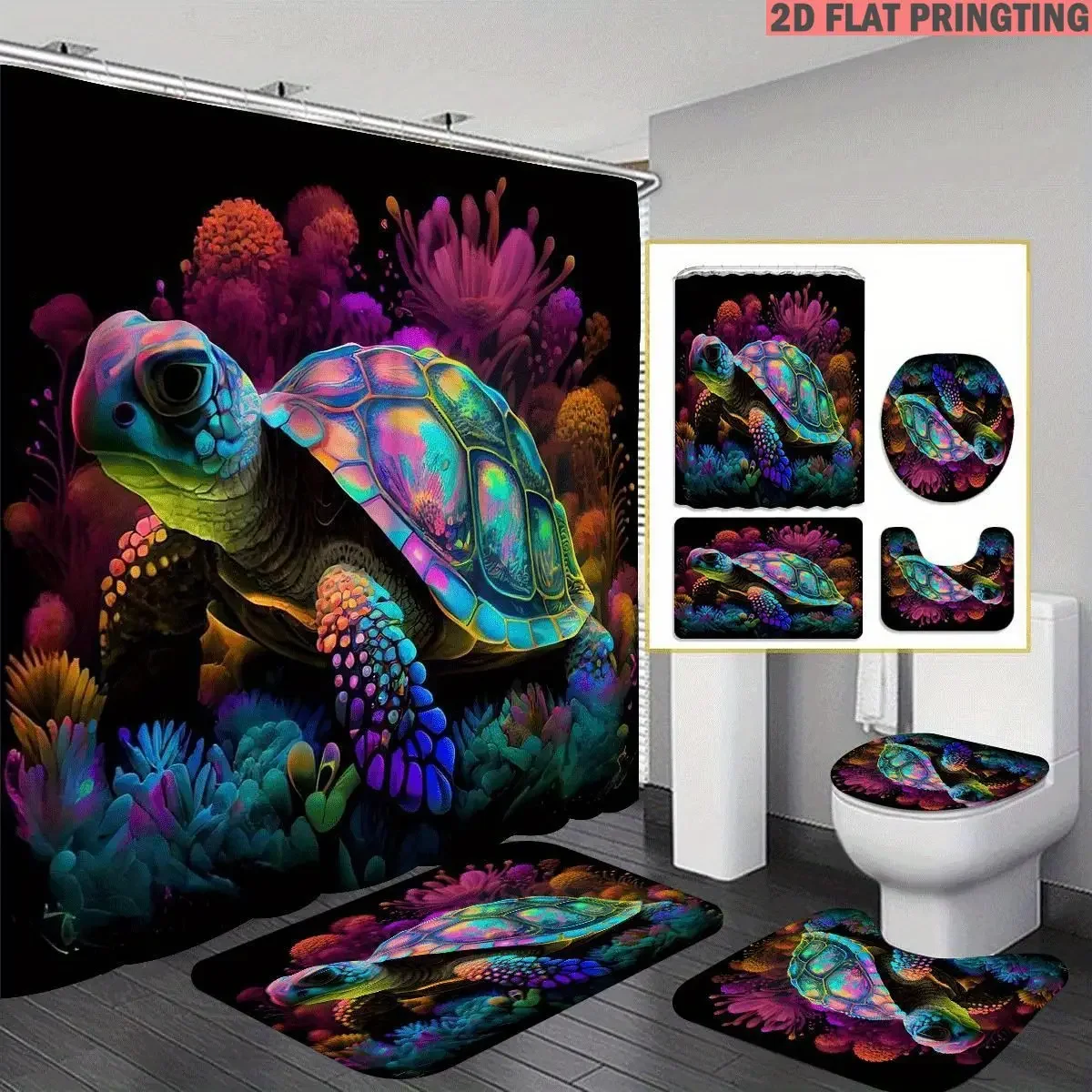 1pc/4pcs Shower Curtain and Bath Mat Set with print Colorful Turtle Underwater Coral Reef Pattern Non-Slip Bathroom Decor