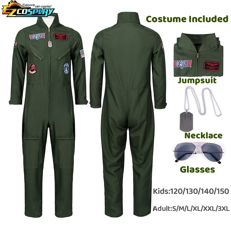 Adult Kids Fighter Pilot Costume Air Force Flight Suit Roleplay with Aviator Accessories Men Army Green Military Pilot Jumpsuit