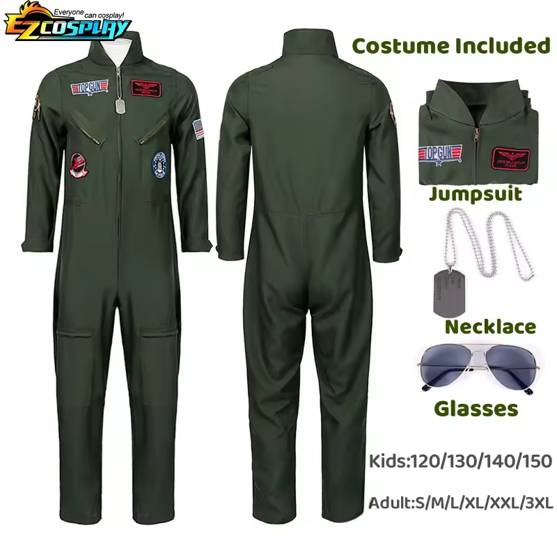 Disfraz de piloto de combate para niños y adultos, traje de vuelo de la Fuerza Aérea, juego de rol con accesorios de aviador, mono de piloto militar verde militar para hombres
