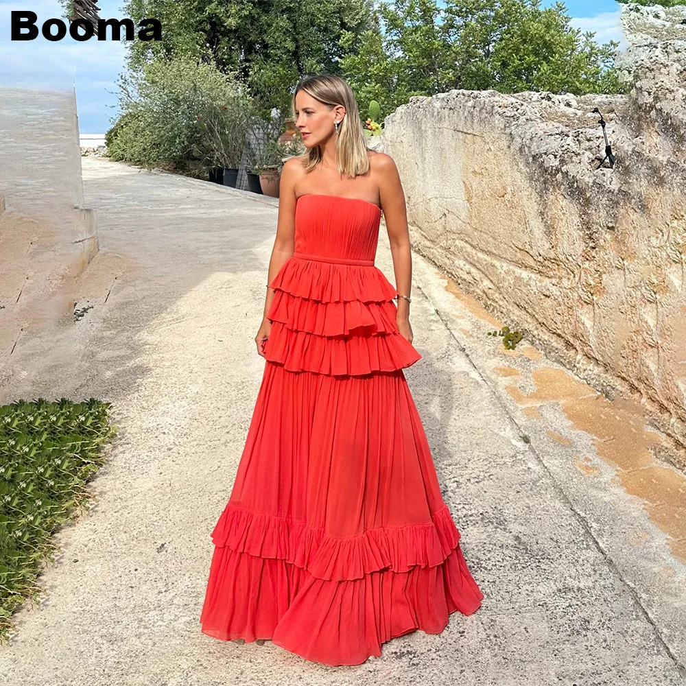 Booma A-Line Evening Dresses Strapless Tiered Chiffon Wedding Guest Dresses for Women Floor Length Formal Party Prom Gowns