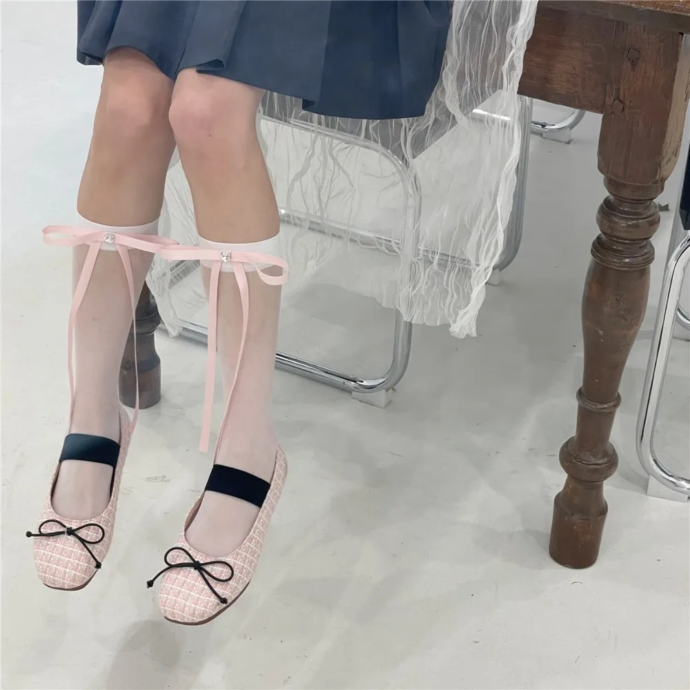 Spring and Summer Balletcore Style Ribbon Bow Tie Socks Sweet Cream White Glass Calf Pile Socks