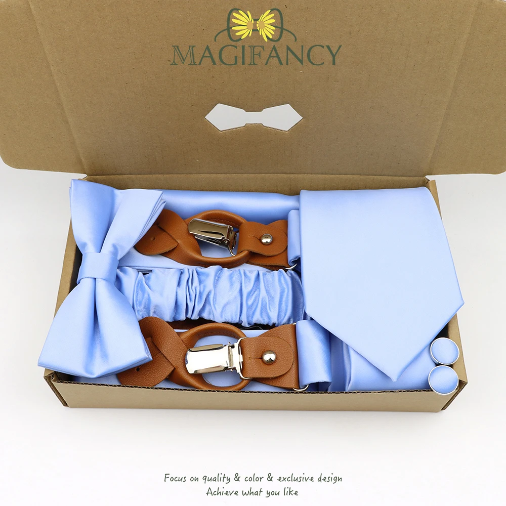 MAGIFANCY 5 قطعة الحمالة 8.5cmTie مجموعة الملونة الصلبة 3.5 سنتيمتر هدفين الرجال البوليستر حكيم السلمون الوردي الزفاف اليومي ملحق هدية