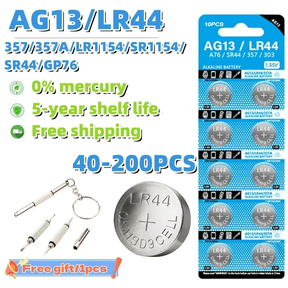 40-200PCS AG13 LR44 Alkaline Battery A76 357 357A LR1154 SR44 1.55V  For Watch Calculator Car Key Remote Clock Button Coin Cell