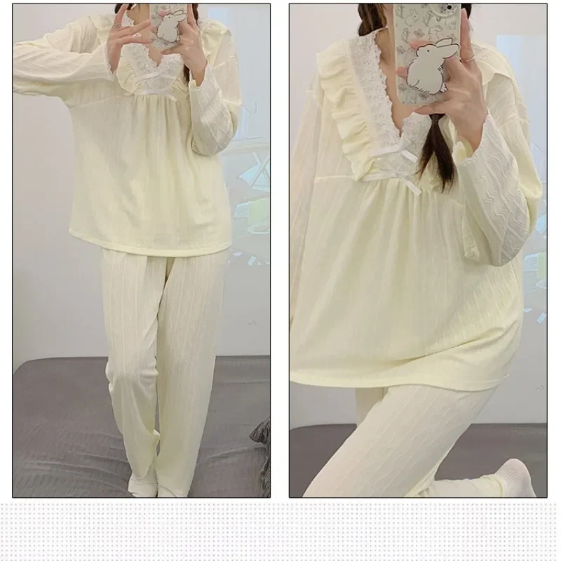 Plus Size Sweet Cotton Pajamas Women Autumn Spring Long Sleeve Soft Sleepwear Solid Loose Home Clothes Loungewear Negligee Suit