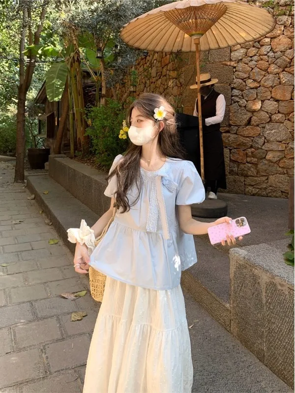 

Loose Knot round Neck Short Sleeve Shirt Women's Spring 2026 New Style Doll Shirt Korean Version Bubble Sleeve