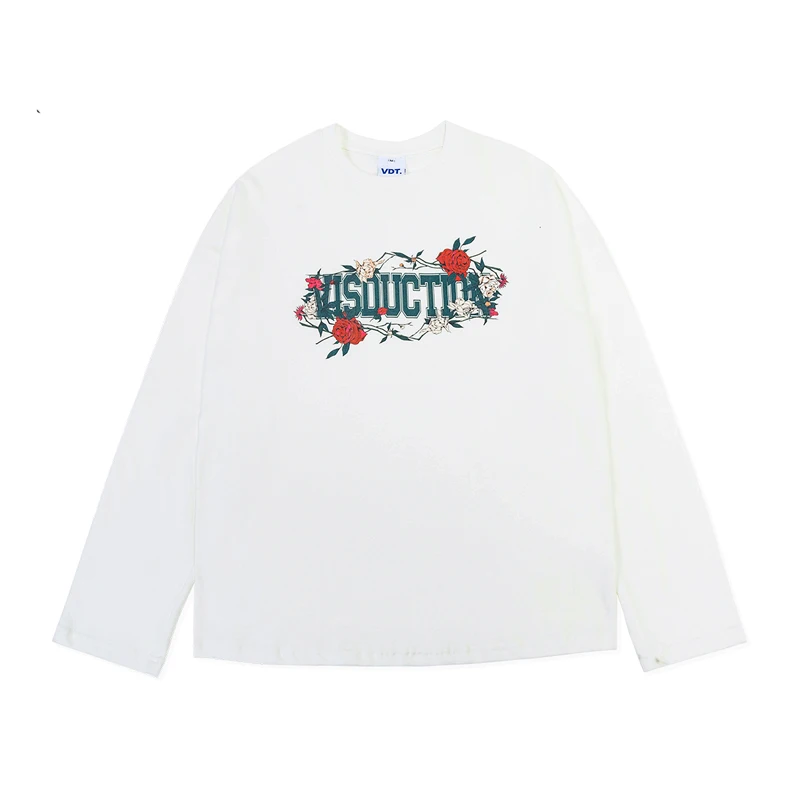 Autumn Spring Men Long Sleeve T-shirt Rose Flower Letter Print Crewneck Casual Put on Tee Shirt Harajuku Streetwear Hip Hop Tops