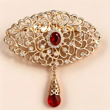 Vintage Hollow Gold Filigree Brooch Water Drop Crystal Pendant Pin Moroccan Ethnic Jewelry for Abaya and Formal Outfits