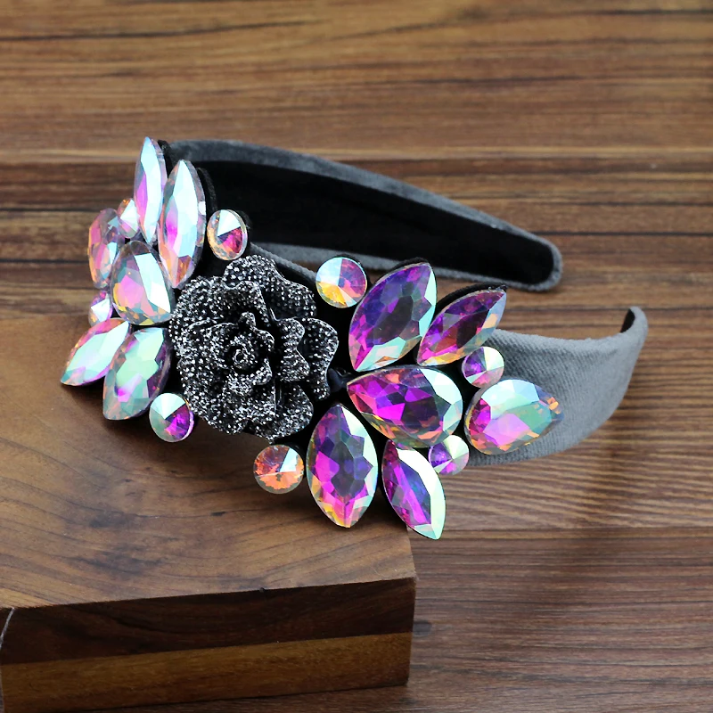 Big Gray Flower AB Crystal Baroque Hairband Sparkly Rhinestone Wide Headband For Women Punk Hair Jewelry