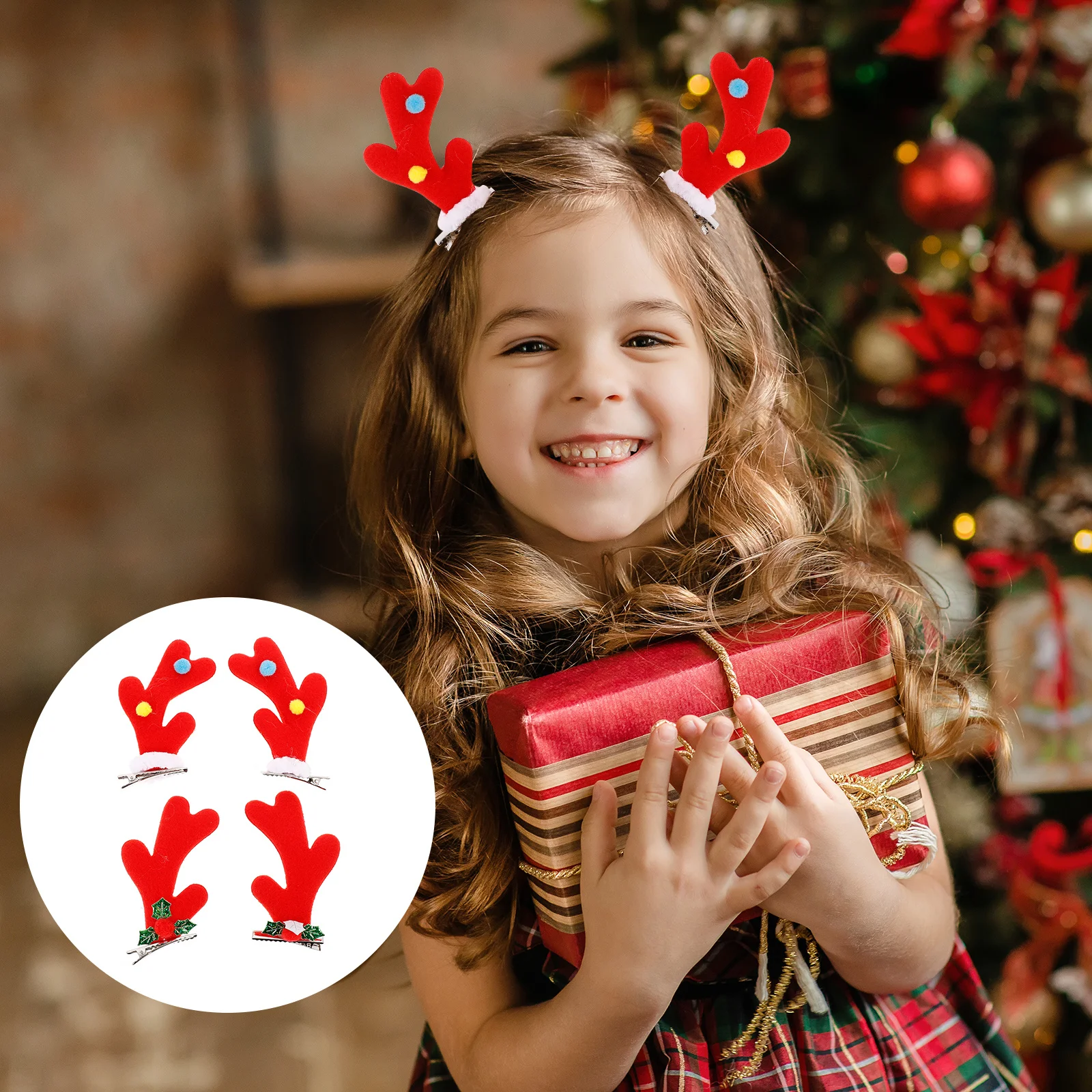 4 قطع من مشابك الشعر على شكل قرن الغزلان، دبابيس شعر على شكل جرس عيد الميلاد، أغطية رأس إبداعية، غطاء رأس مزخرف لحفلات الكرنفال #5