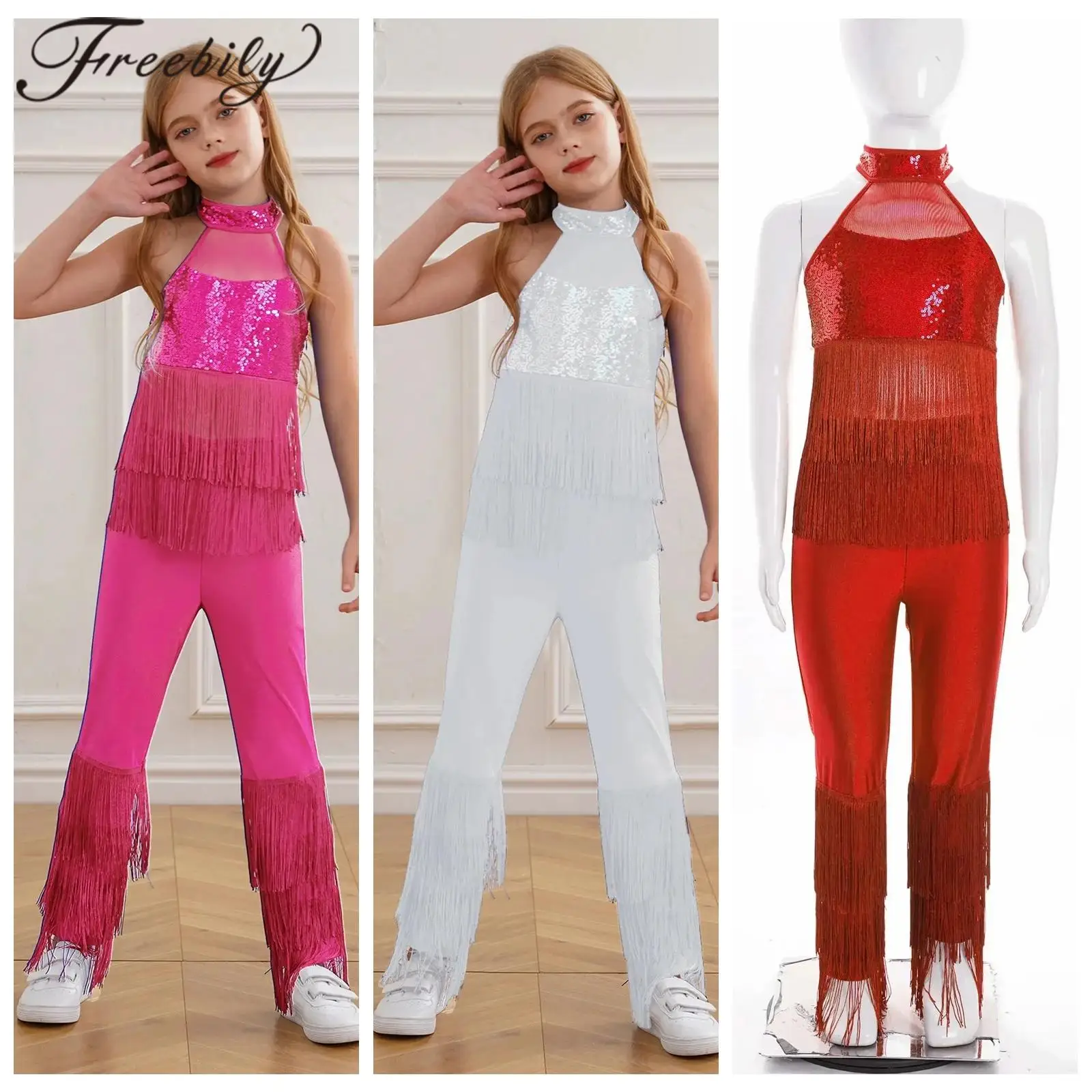 

Children Fringed Latin Jumpsuit Streetwear Halter Leotard Girls Sequins Bodysuit Fashion Tassels Sparky Jazz Dance Costume