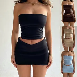 Seksi moda yaz etek setleri 2024 yeni kadın kıyafetleri seksi askısız kırpma üstleri zarif Slim Fit elbise 2 parça Set kıyafet