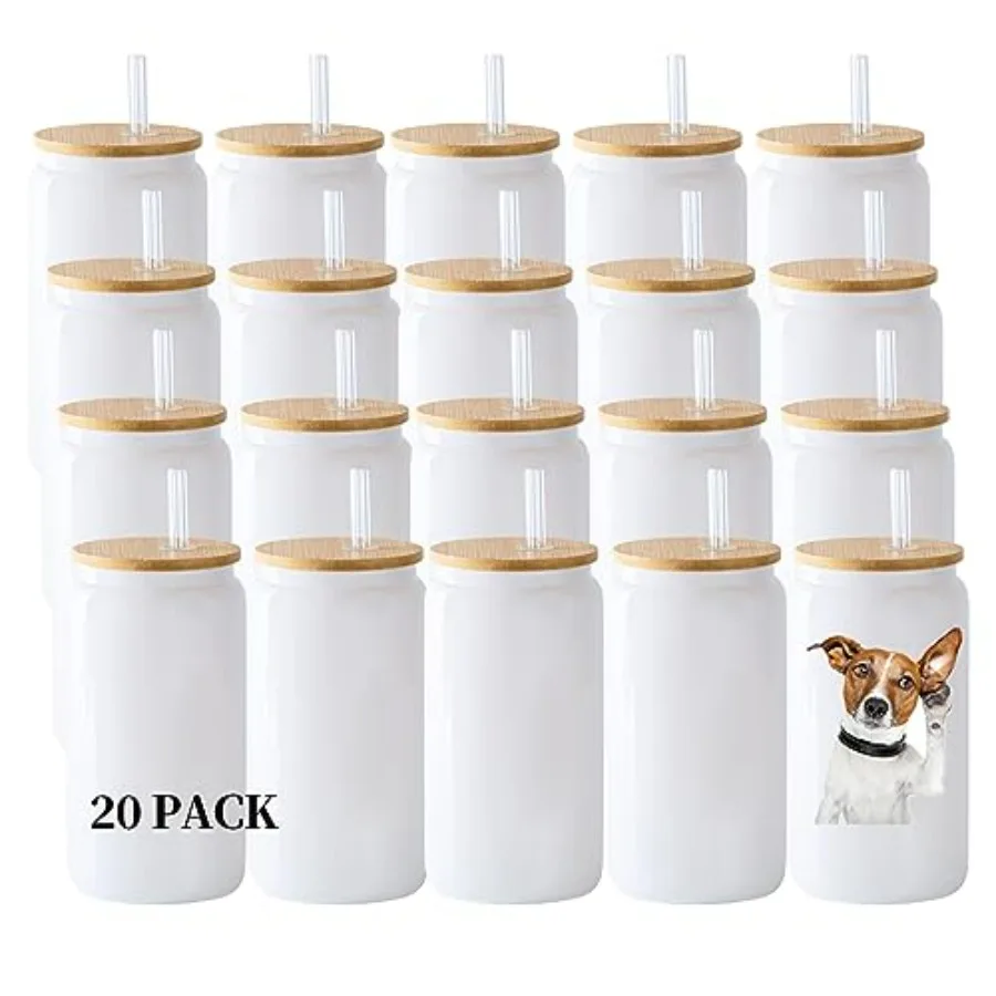 

20 Pack Sublimation Blank White Glass Cans Sublimation Beer Glass Cups with Bamboo Lids Borosilicate Glasses Tumbler Mason Jar C