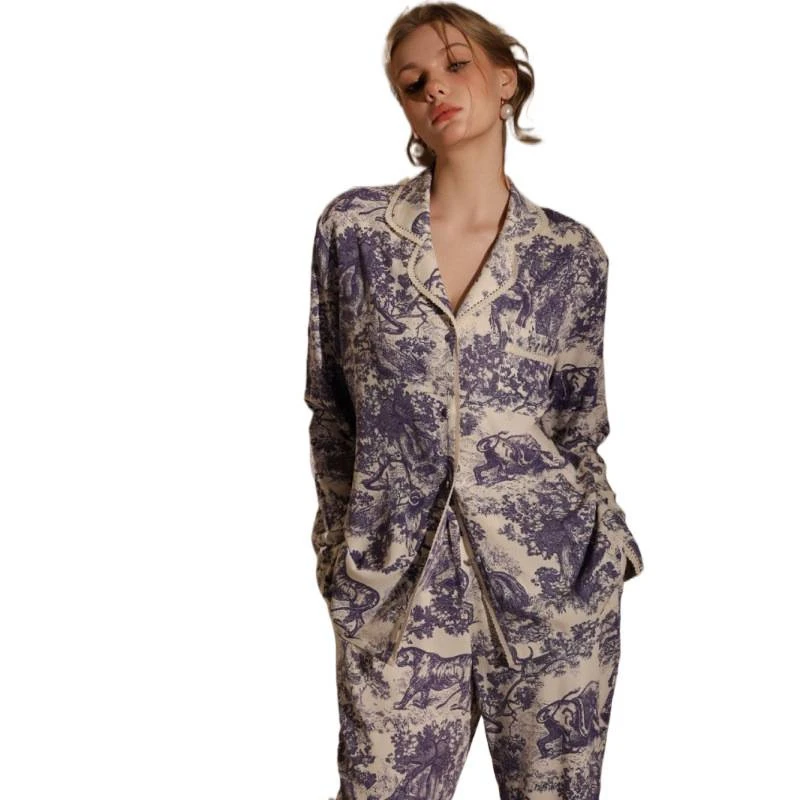 2026 Spring New Cotton Pajamas Set Printed Nightwear Long Sleeved Cardigan Pants Home Clothes Loose 2 Piece Suit Loungewear