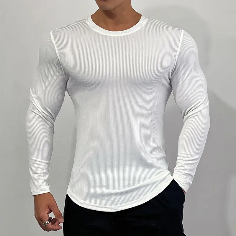 

Autumn Solid Stripe Quick Drying Sports T-shirt Men's Round Neck Training Long Sleeved Running Slim Thread Bottom Top JJ711