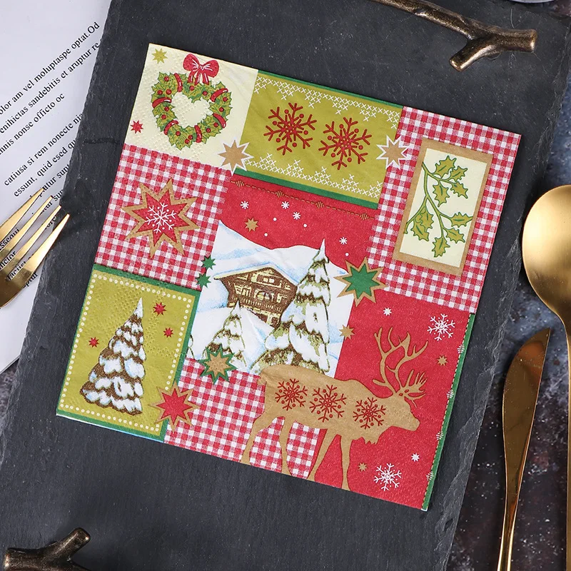 20Pcs/bag Classic Christmas Series Printed Paper Disposable Tableware Napkin Tissues Xmas Party Decor