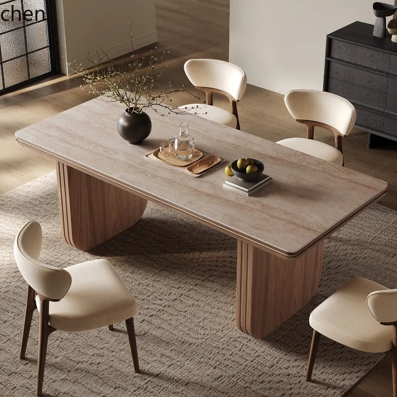 

HSN rock slab dining table household light luxury dining table walnut veneer solid wood dining table and chairs