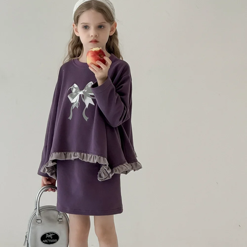 Girls Suit 2024 Autumn New Childrens Clothes Foreign Style Deep Purple Gray Bow Digital Printed Hoodie Half Skirt Two-piece Set