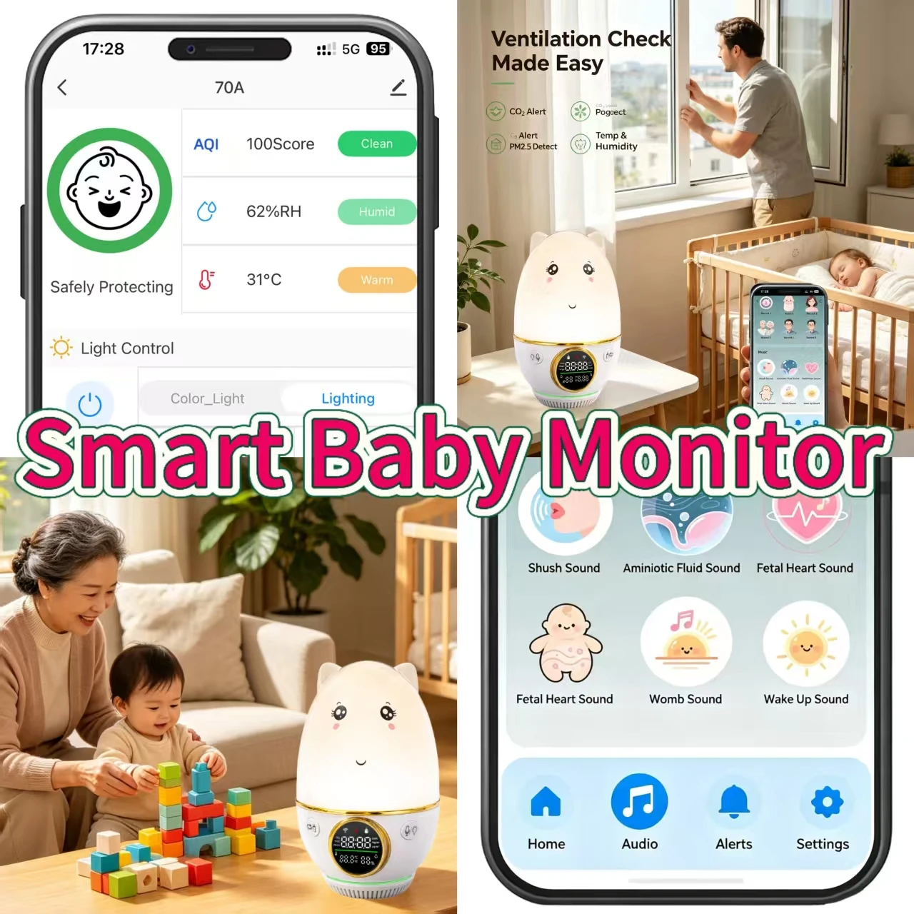 Tuya WiFi Baby Monitor Air Quality CO2 Temp Humidity Tracker Feeding Recording Soother Light Nightlight Nursery
