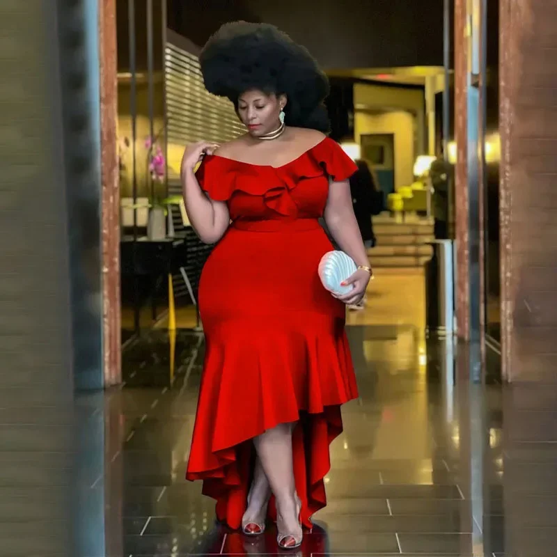 

KEXU Sexy Plus Size Strapless Ruffles Maxi Dress Women Party Night Wedding Evening Dresses Elegant Club Birthday Dress Robe