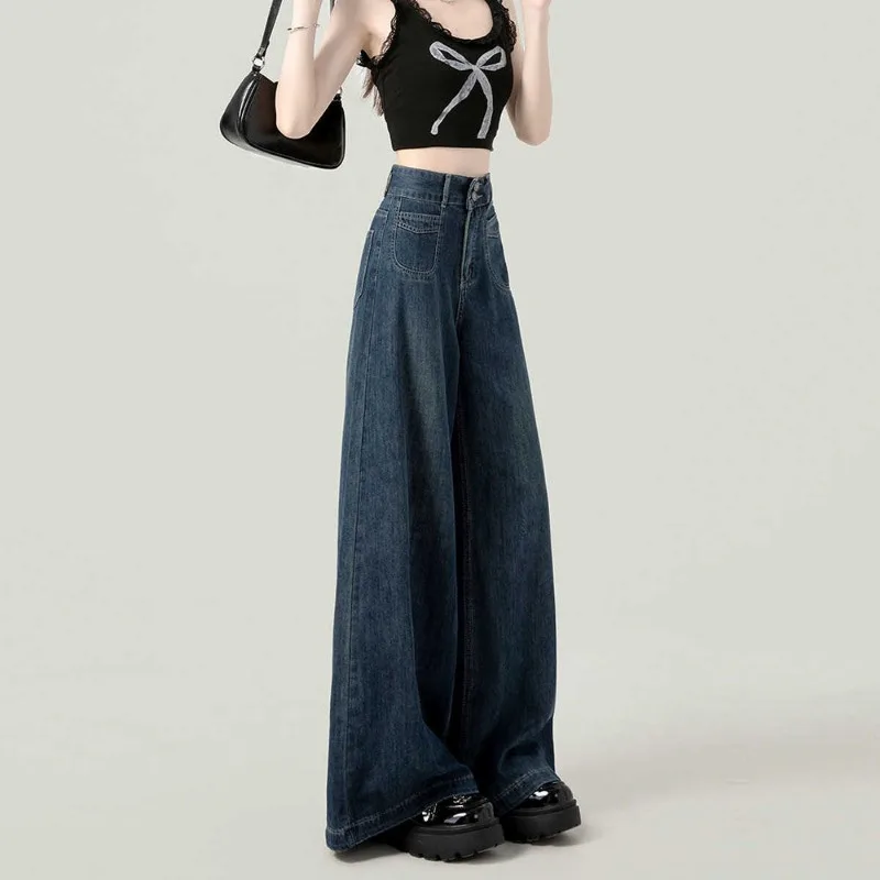 Dark Blue High-waisted Retro Wide-leg Jeans  Fall New Slim Slouch Loose Drag Straight Leg Pants Simple Commuting Korean Version