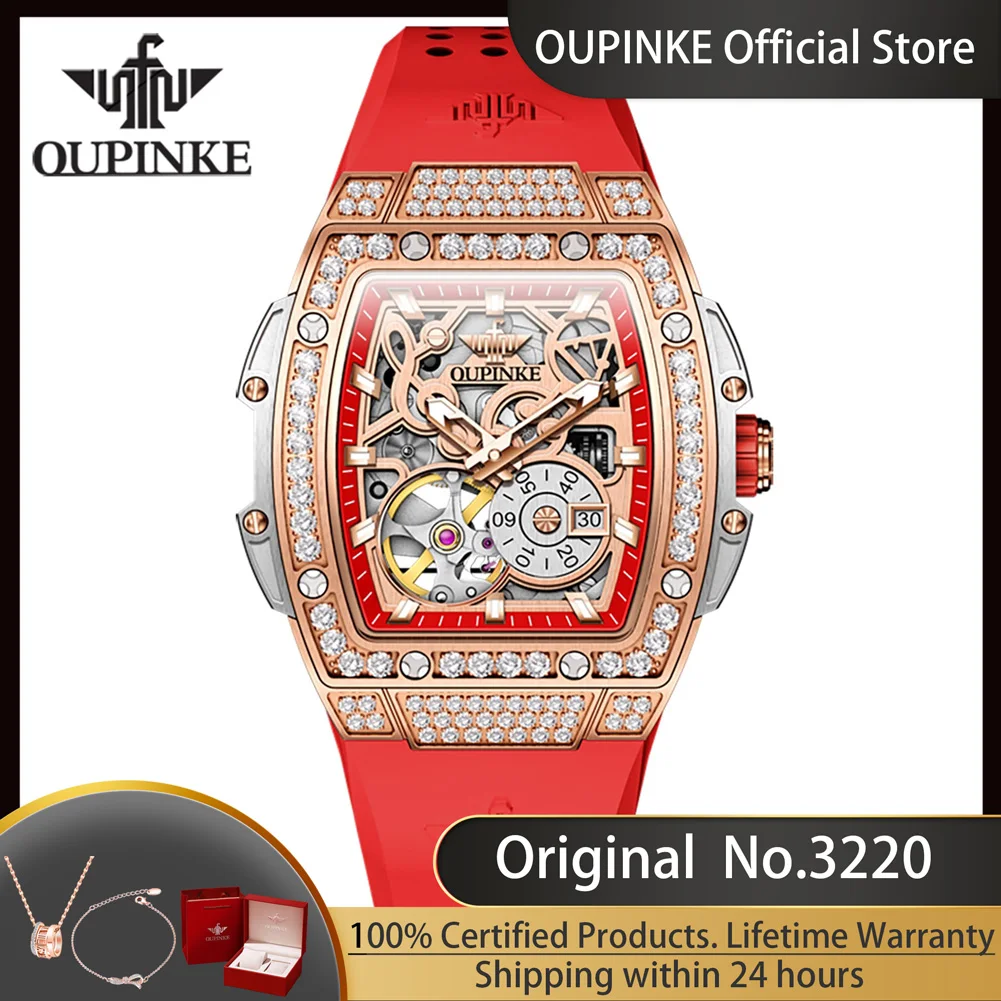 OUPINKE 3220 Fully Diamond Mechanical Watch for Women Luxury Hollow Out Chronograph Imported Japan Movement Automatic Wristwatch