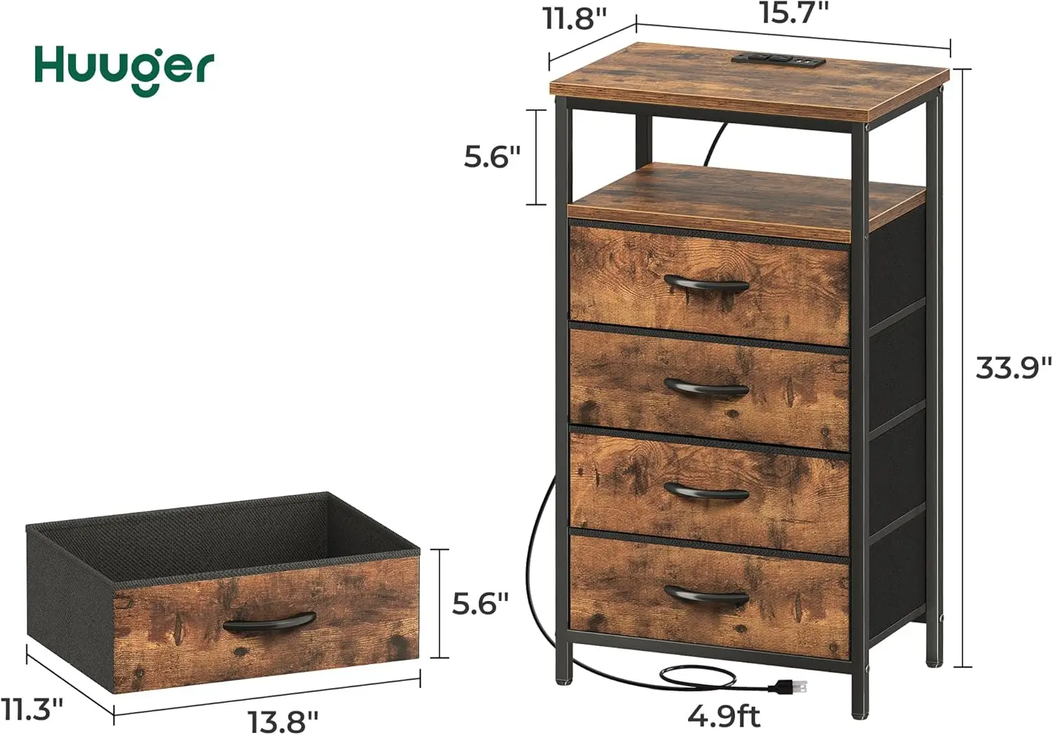 

Night Stand with Charging Station, 4 Drawer Dresser for Bedroom, Bedside Table, 33.9 Inch Tall Nightstand with Open Shelf