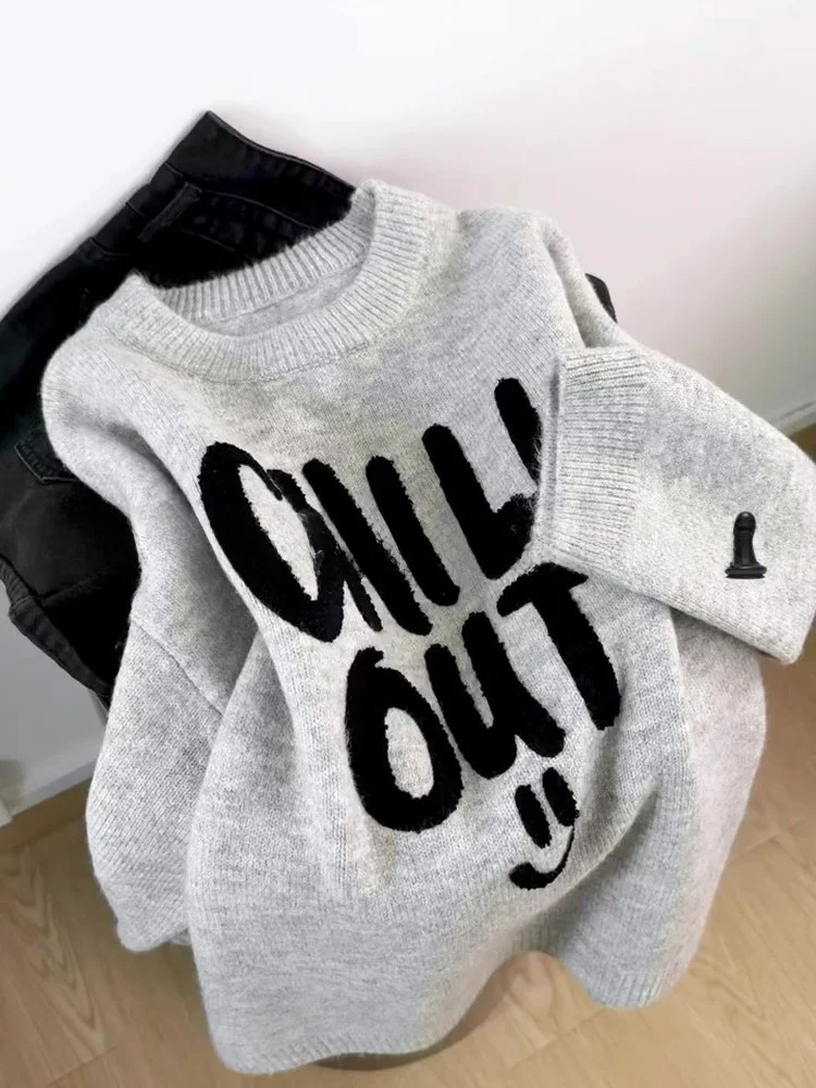 

Американский ретро-свитер вязаный женский зимний свободный уютный свитер с круглым вырезом, мягкий и комфортный, модный