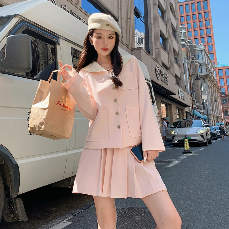 

Sweet Pink Jacket and Skirt Two Piece Sets 2023 Autumn Women Elegant Trendy Girl Peter Pan Collar Coat Mini Pletaed Skirts 8833