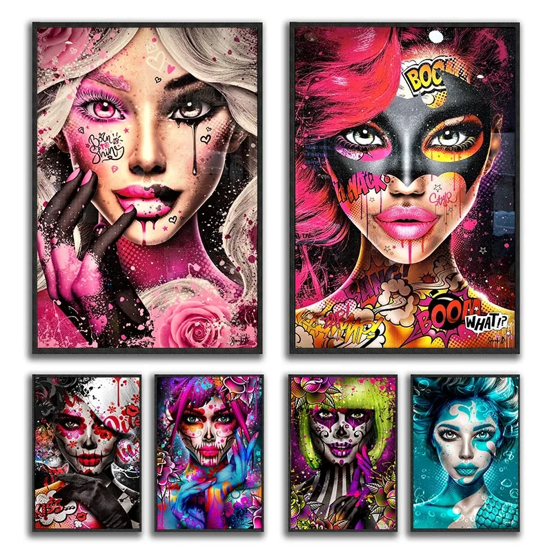 

Американский стиль девушка живопись мода женщины граффити холст печать плакатов фотографии поп настенное искусство домашний декор фреска без рамы