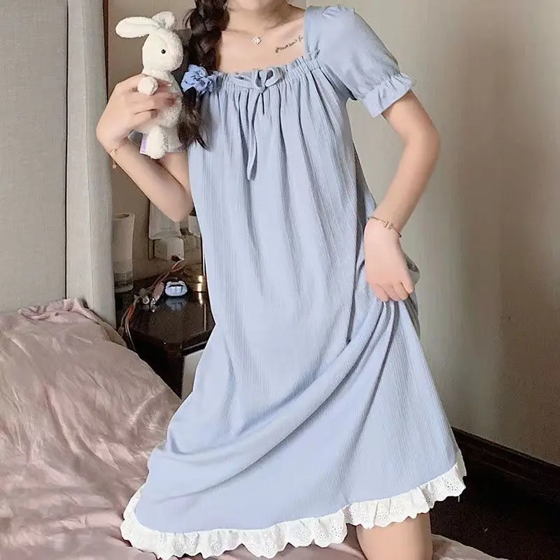 Square Collar Sleepwear Woman Short Sleeves Summer Nightgown Korean Nightwear Night Dress One Piece Pajamas Sleeping Home Wear