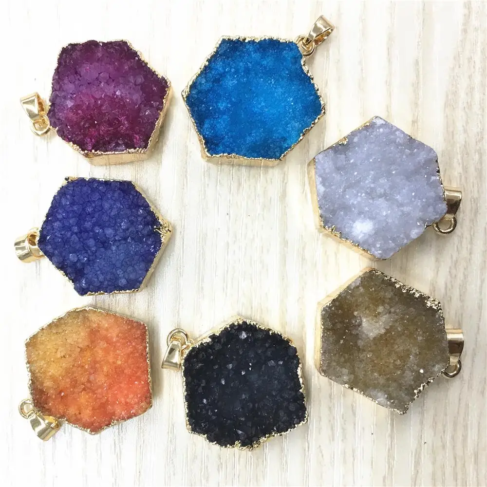 

Druzys From Drusy Natural Stone Hexagon Pendants&necklace Black Yellow White Agates Vintage Gold for Women Jewelry Making 6pcs