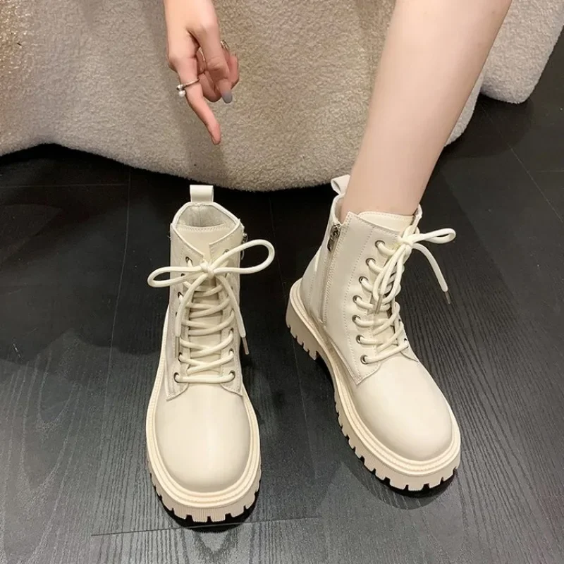 2024 Summer Autumn Women Ankle Boots Classic Beige Black Leather Gothic Punk Shoes Mid Heels Short Combact Boots Platform Shoes