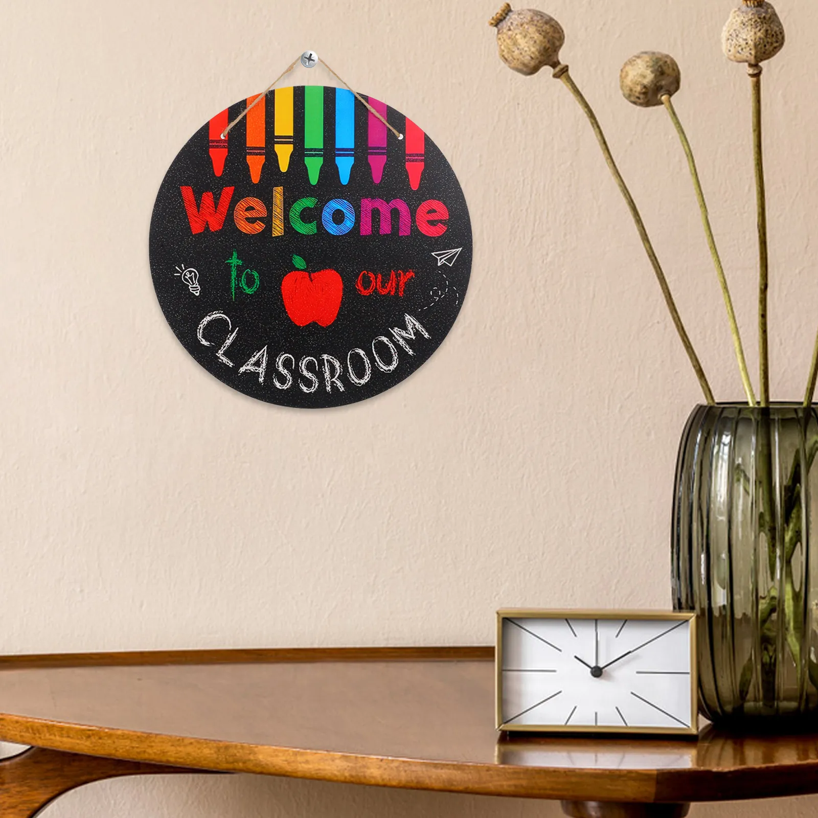 Round Wooden Door Hanger for Classroom Back to School Welcome Sign Vibrant Crayon Apple Design Easy Hang Teacher Decor