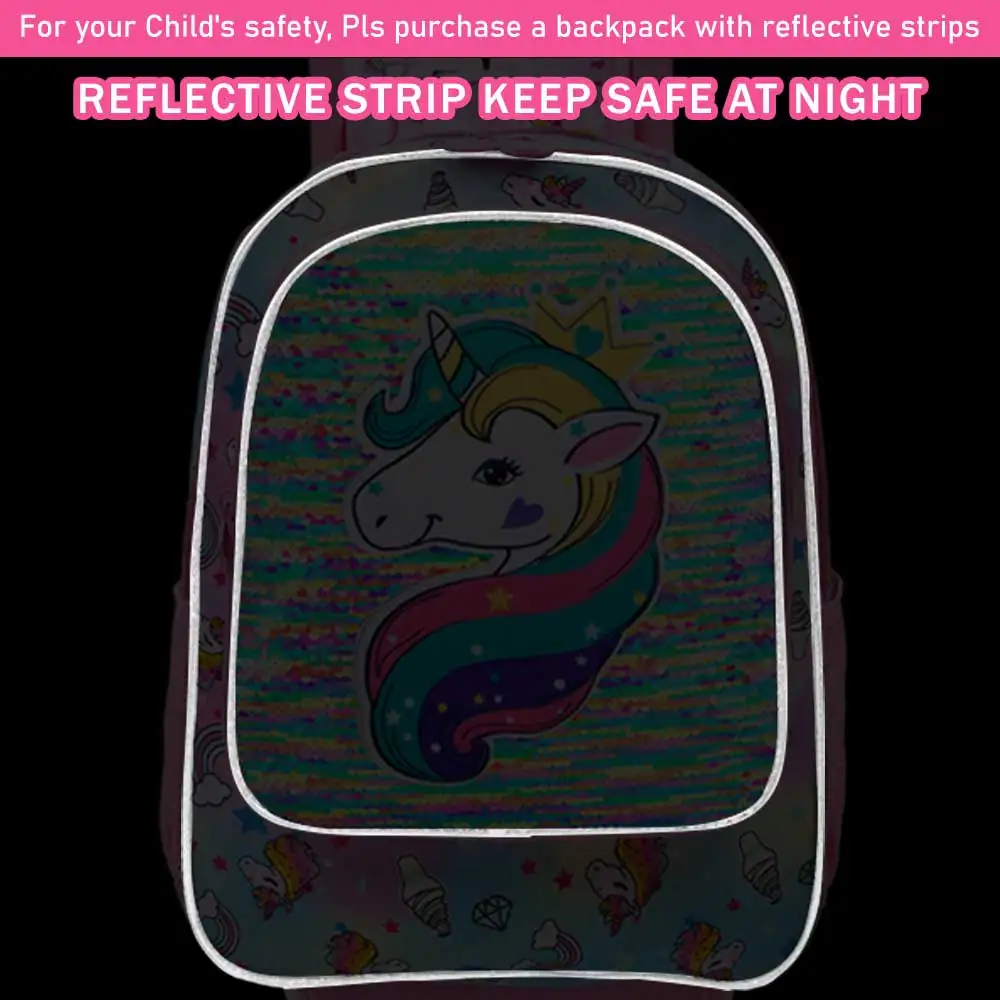 3PCS Rolling Backpack for Girls Kids Roller Wheels Bookbag  with Lunch Bag Pink Unicorn Glow-in-the-dark Function