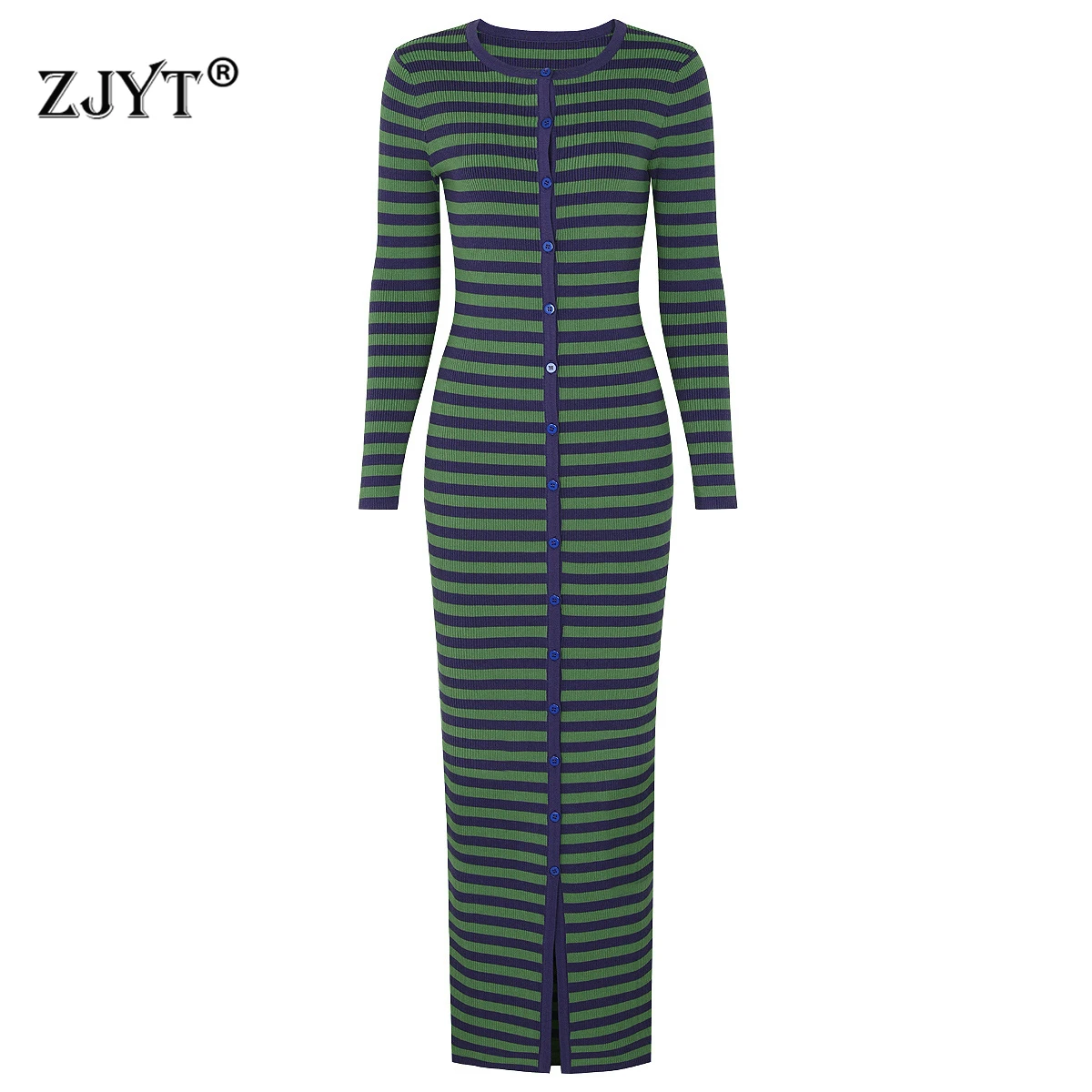 ZJYT femmes automne hiver rayé tricoté longue robe pull à manches longues élégant col rond mince droite décontracté robes de base dame