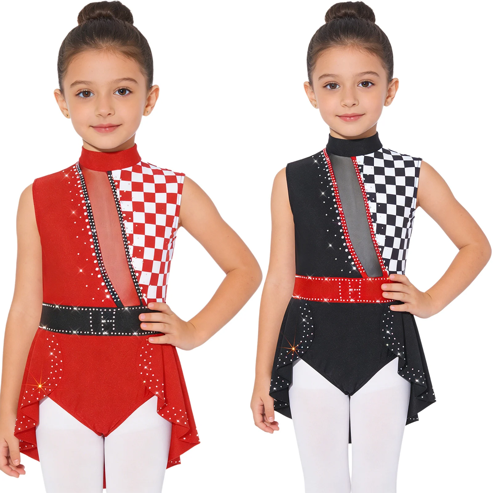 

Kids Girls Shiny Rhinestones Ballet Dance Gymnastics Leotard Carnival Circus Clown Costume Sleeveless Plaid Overlay Bodysuit