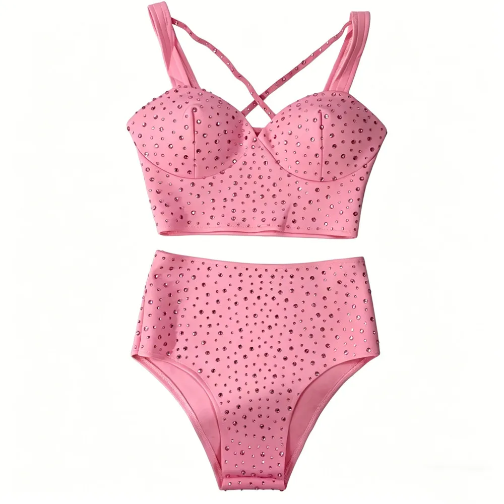 Nightclub Bar Pole Dance Costume Sexy Gogo Dancer Rave Outfit Pink Red Rhinestone Bikini Set Club Party Show Festival Stage Wear