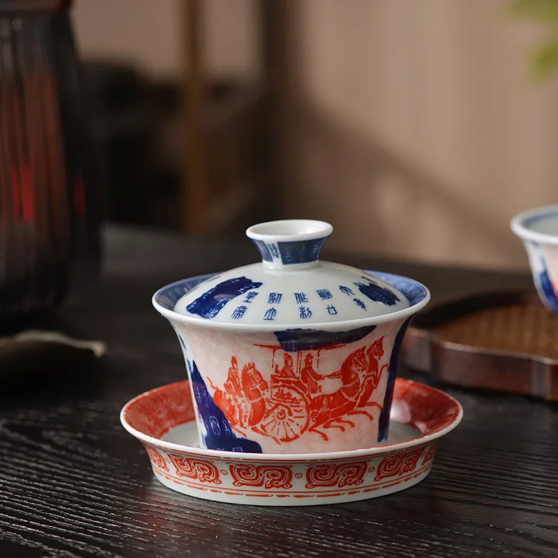 High-End Jingdezhen Blue and White Rubbing War Horse Gaiwan Non-Scald Tea Brewing Bowl Household Porcelain Set Large