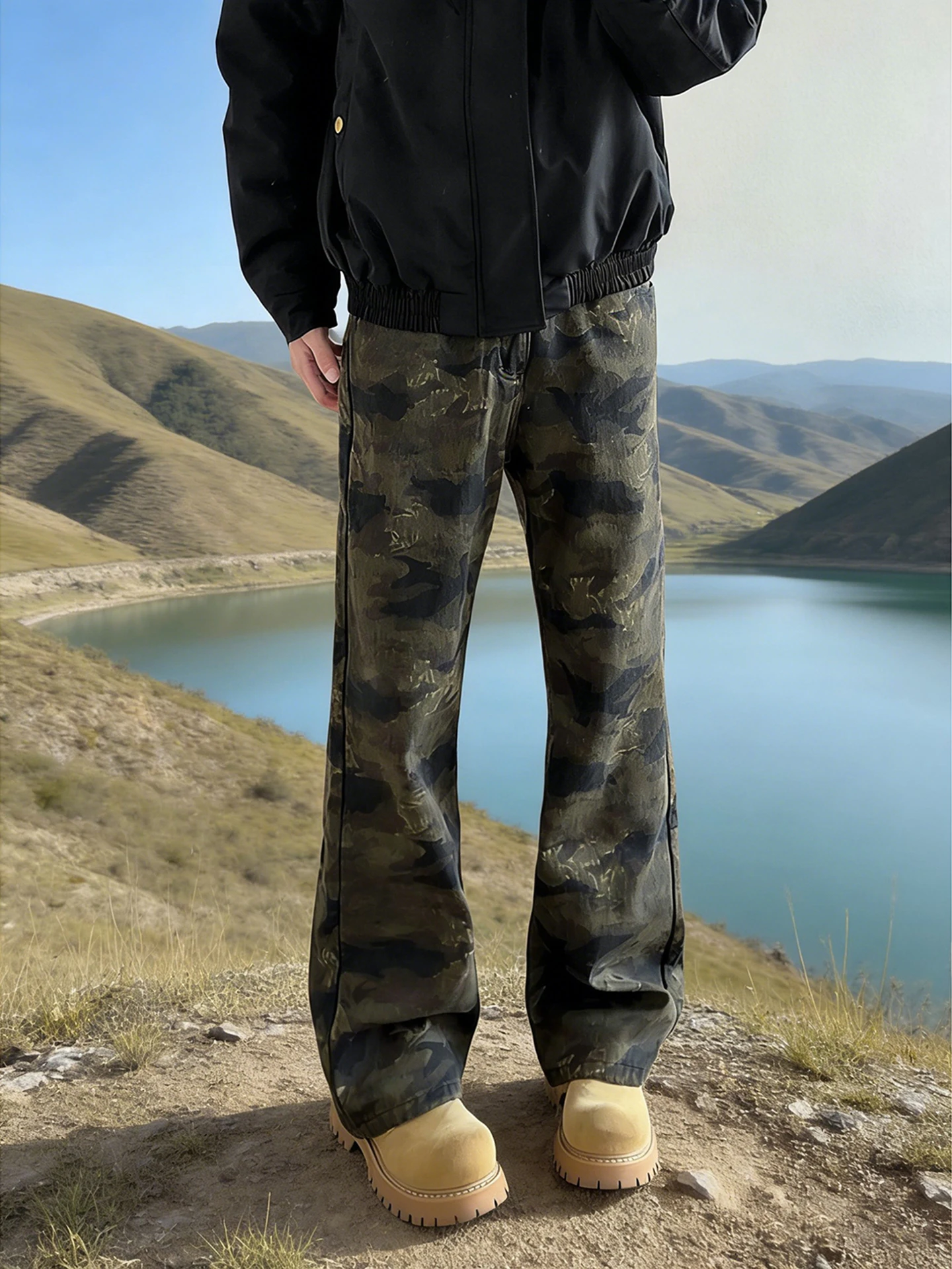 

American Vibe Camouflage Fce Lined Men's Jeans Spring Long Leg Workwear Pants Straight Micro Flared Trousers