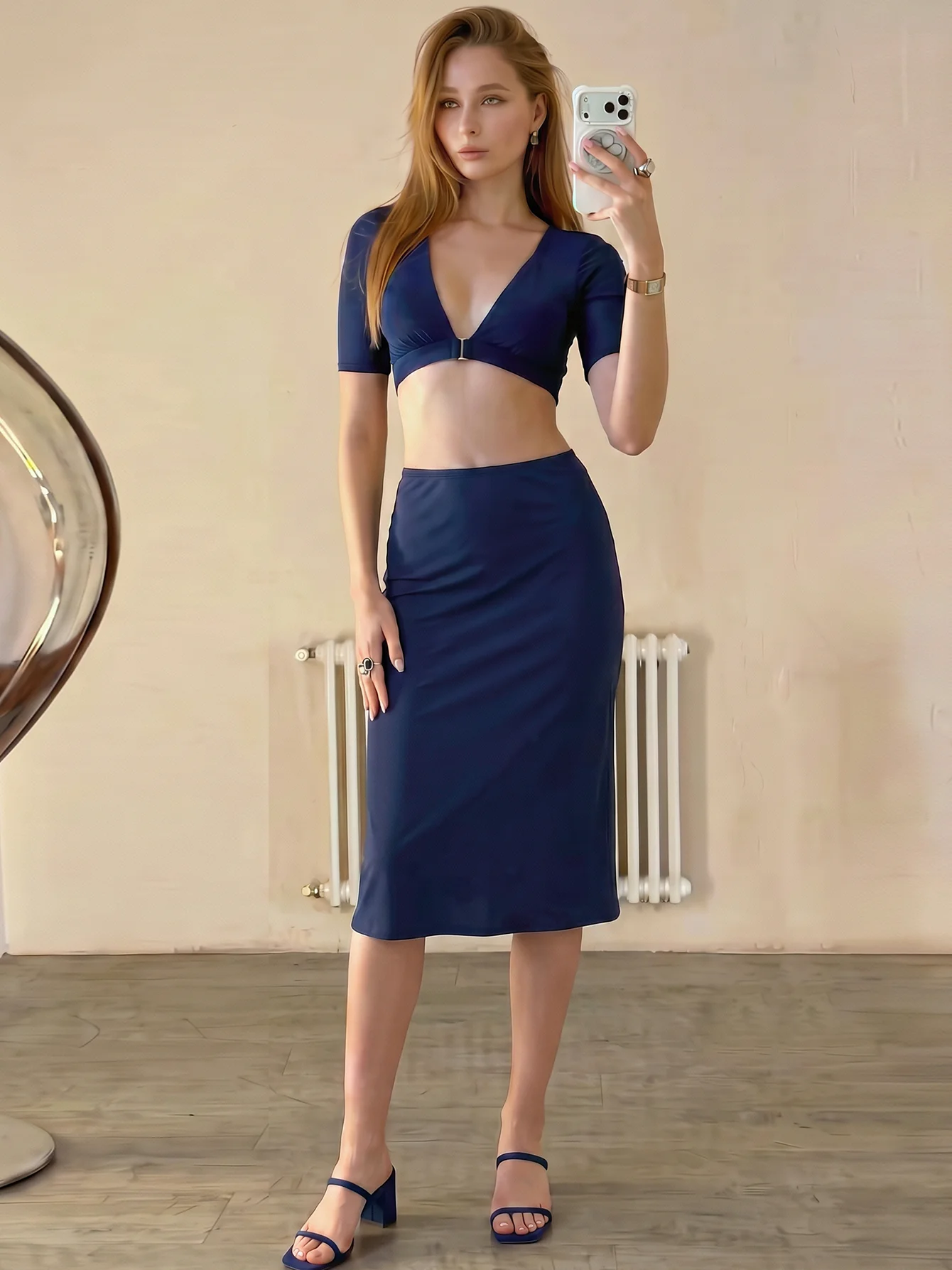 Dulzura Women'S Solid Sexy Casual 2 Piece Skirt Set V-Neck Half Sleeve Metal Button Crop Top Slim Fit Midi Skirt Matching Set