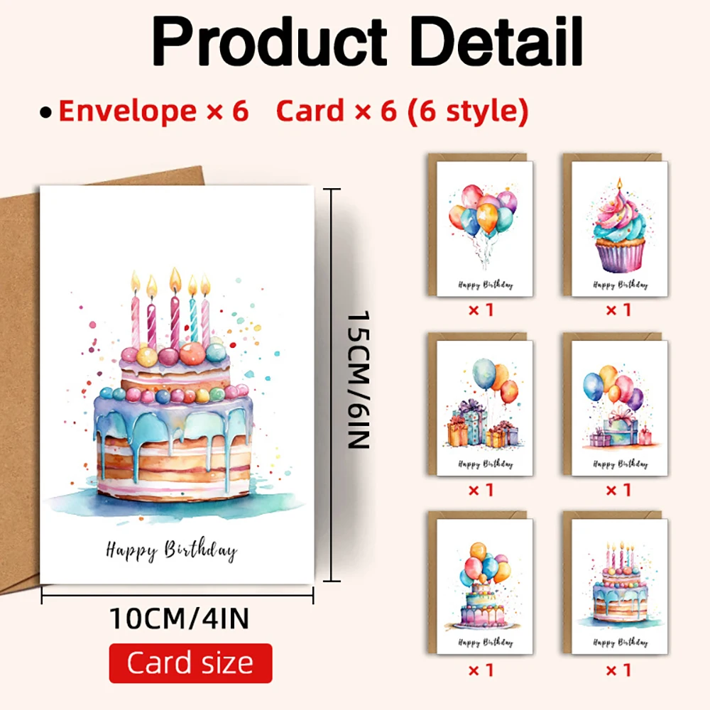 Birthday Card Invitation Card Envelope Thick Cardboard Handwritten Card Set (6 Cards+6 Envelopes)