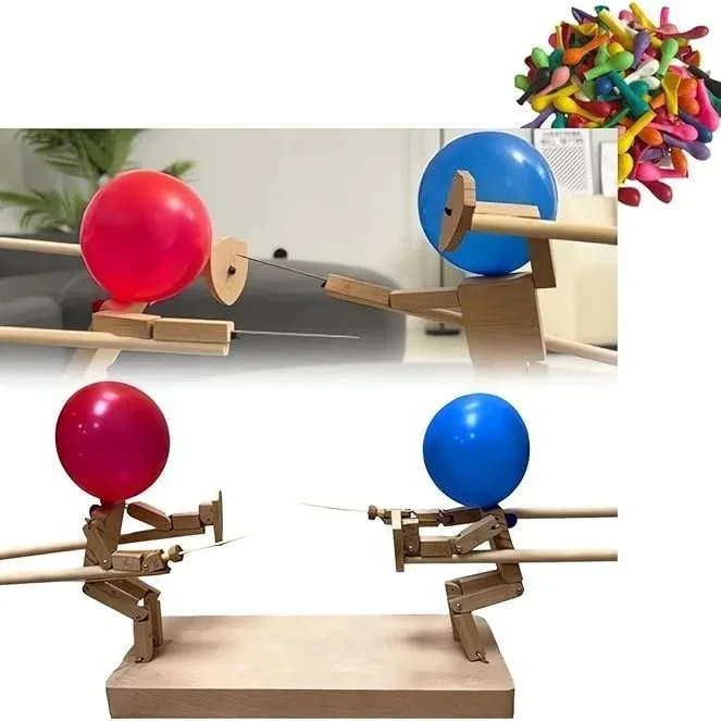 1pcs Bamboo Man Poke Balloon Duel Wooden Robot Battle Double Game Interactive Wooden Fighter Doll Family Gathering Party Games