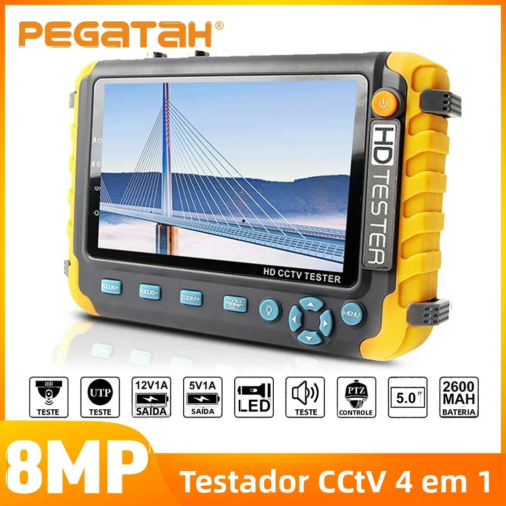Pegatah 8mp 4 em 1 cctv tester monitor de câmera de 5 polegadas 4k ahd/cvi/tvi cvbs testador de câmera analógica com entrada hdmi vga teste de cabo utp
