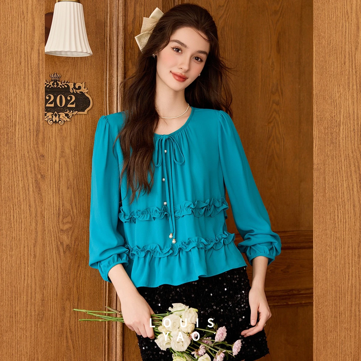 

LOUISYAO Retro Lace-up Women's Shirt 2025 Autumn Flounced edge Elegant Blouses Long Sleeve Shirt Solid Colour Women Tops