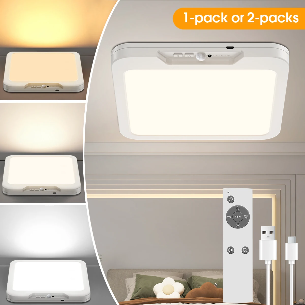 

1/2/4 шт. Квадратный потолочный светильник с датчиком движения и пультом ДУ, перезаряжаемый беспроводной светильник на магнитном креплении для шкафа, для использования внутри помещений, для душа