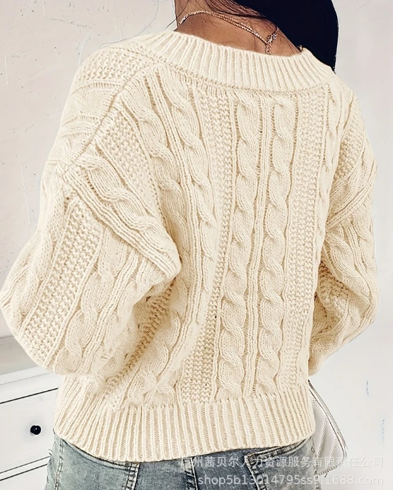 Women's Versatile Coat Vintage Fried Dough Twists Long Sleeve Woolen Top 2024 Latest Temporary Commuting Round Neck Cardigan