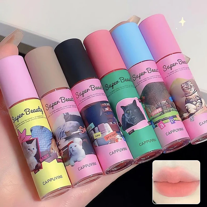 【Cappuvini Cute Cat Lip Mud Matte Cream Texture Lip Cream Velvet Liquid Lipstick Long Lasting Waterproof Red Lip Tint Makeup】