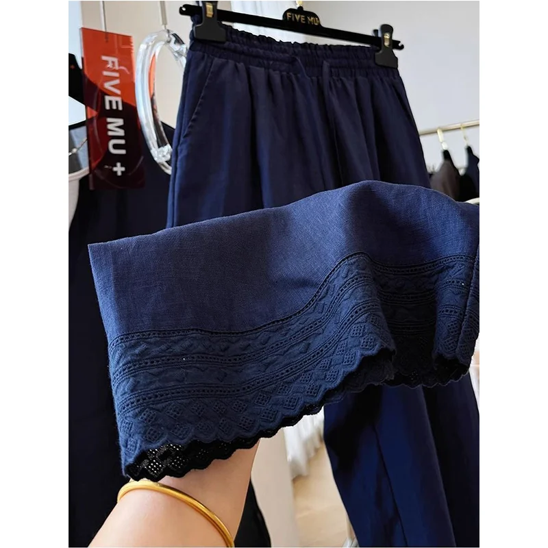 

Негабаритные модные темпераментные однотонные широкие брюки с высокой талией, женские универсальные лоскутные прямые женские брюки с эластичной резинкой на талии