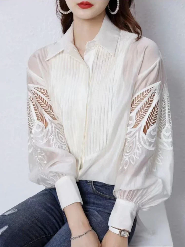 

New Spring Turn-down Collar Women's Shirts Flower Hollow Out Pleaded Long Sleeve Top Elegant Office Ladies Blouse for Women ZT49